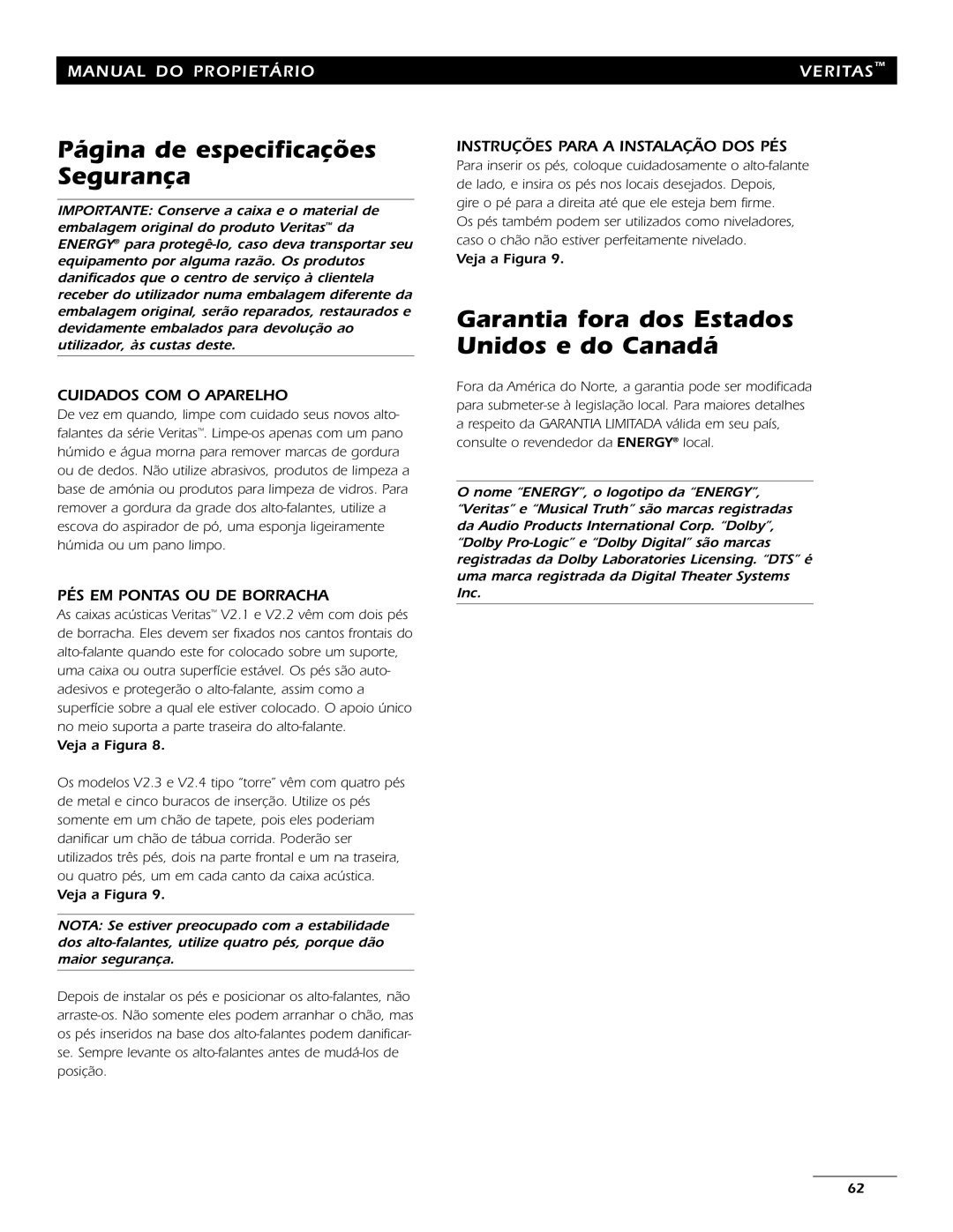 Energy Speaker Systems 7AI manual Página de especificações Segurança, Garantia fora dos Estados Unidos e do Canadá 