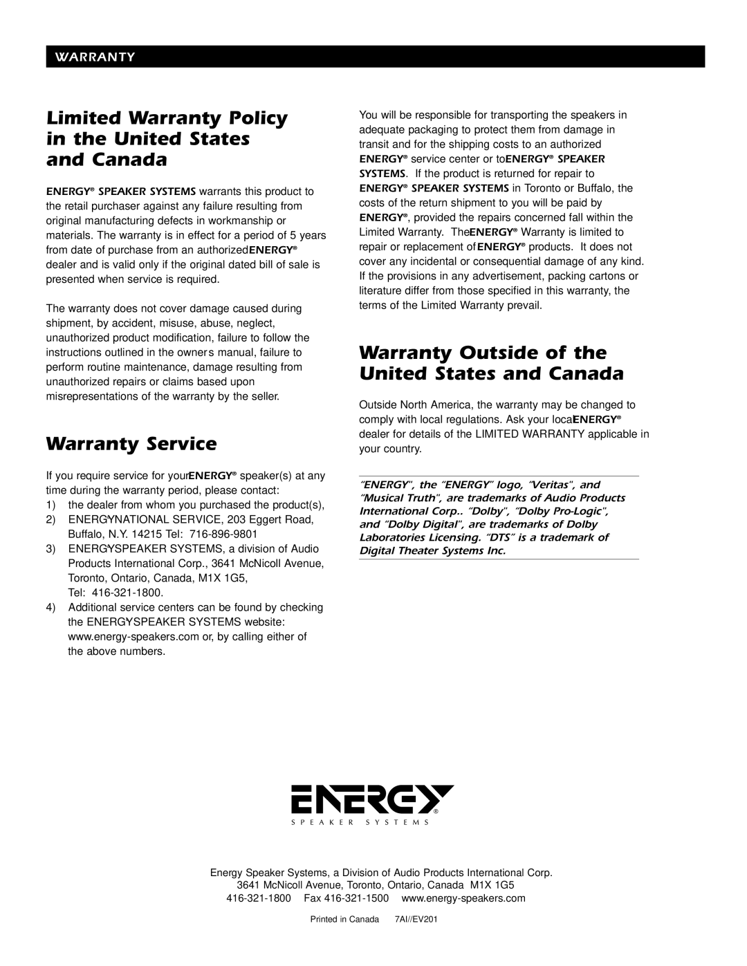 Energy Speaker Systems 7AI manual Limited Warranty Policy United States Canada, Warranty Service 