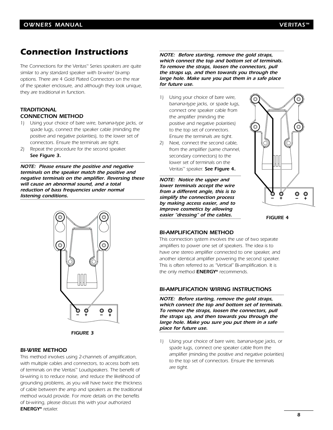 Energy Speaker Systems 7AI Connection Instructions, Traditional Connection Method, BI-WIRE Method, BI-AMPLIFICATION Method 