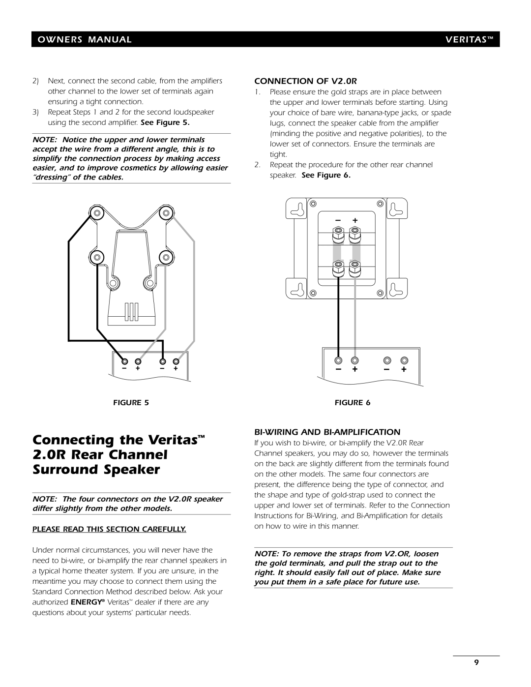 Energy Speaker Systems 7AI manual Connecting the Veritas 0R Rear Channel Surround Speaker, Connection of V2.0R 