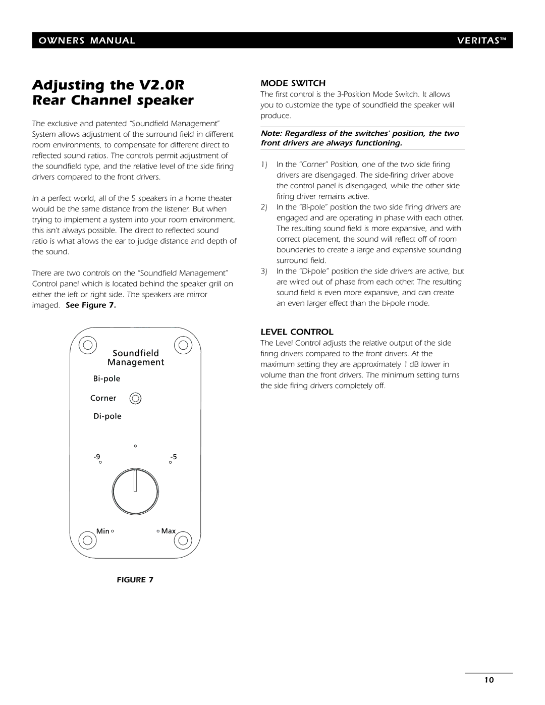 Energy Speaker Systems 7AI manual Adjusting the V2.0R Rear Channel speaker, Mode Switch, Level Control 