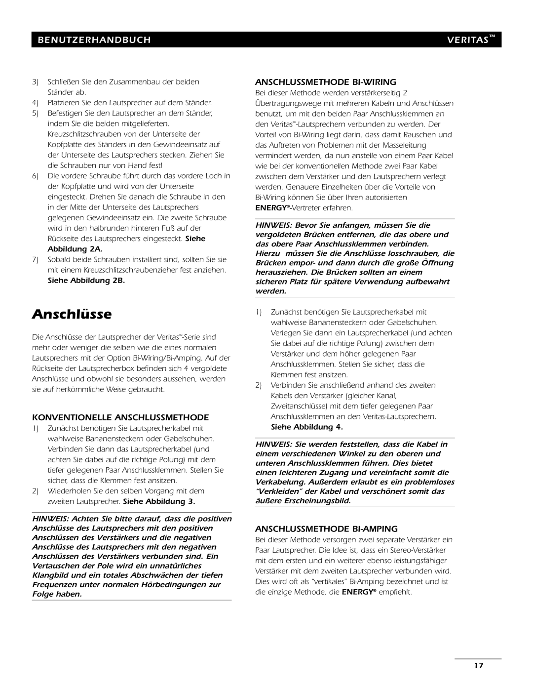 Energy Speaker Systems 7AI manual Anschlüsse, Konventionelle Anschlussmethode, Anschlussmethode Bi-Wiring, Benutzerhandbuch 