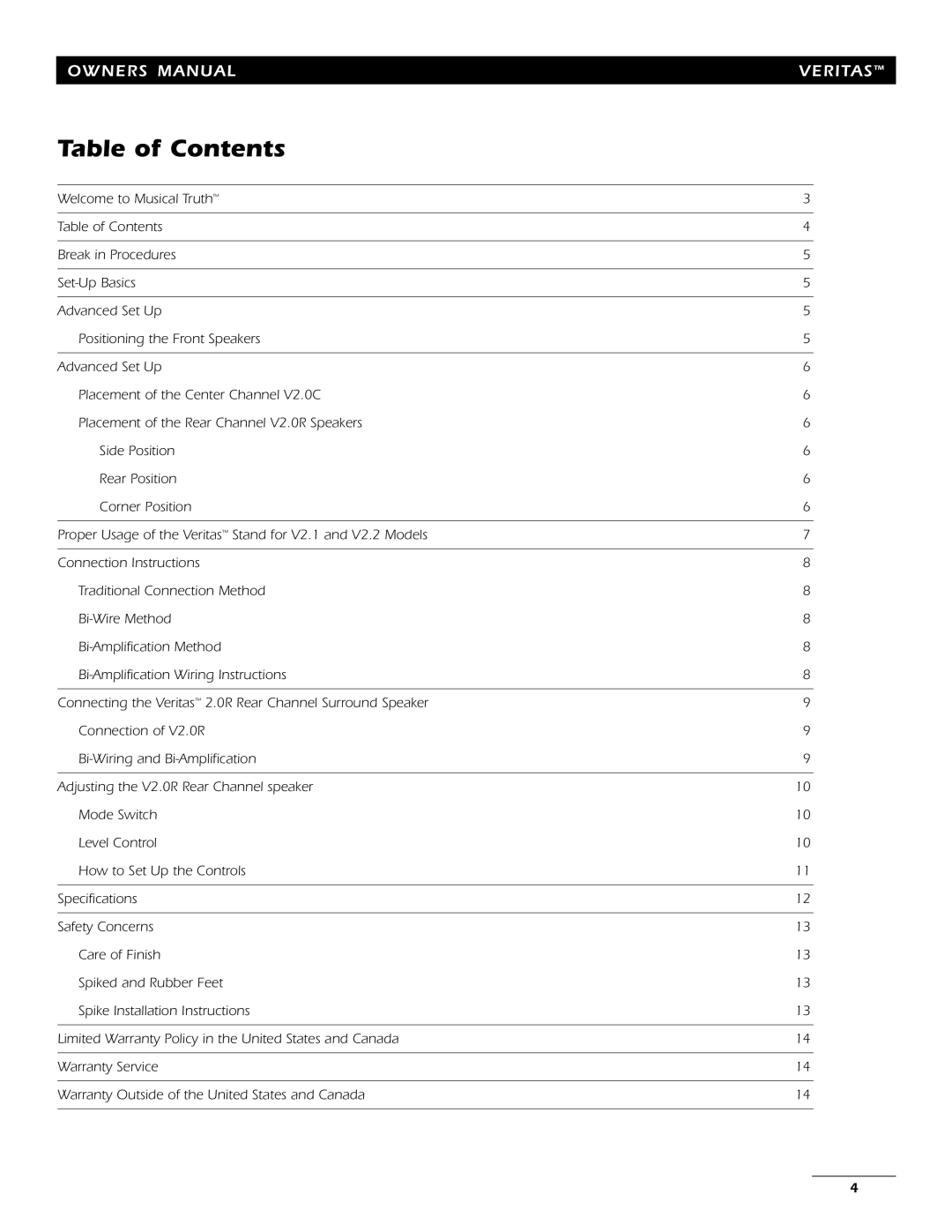 Energy Speaker Systems 7AI manual Table of Contents, Veritas 