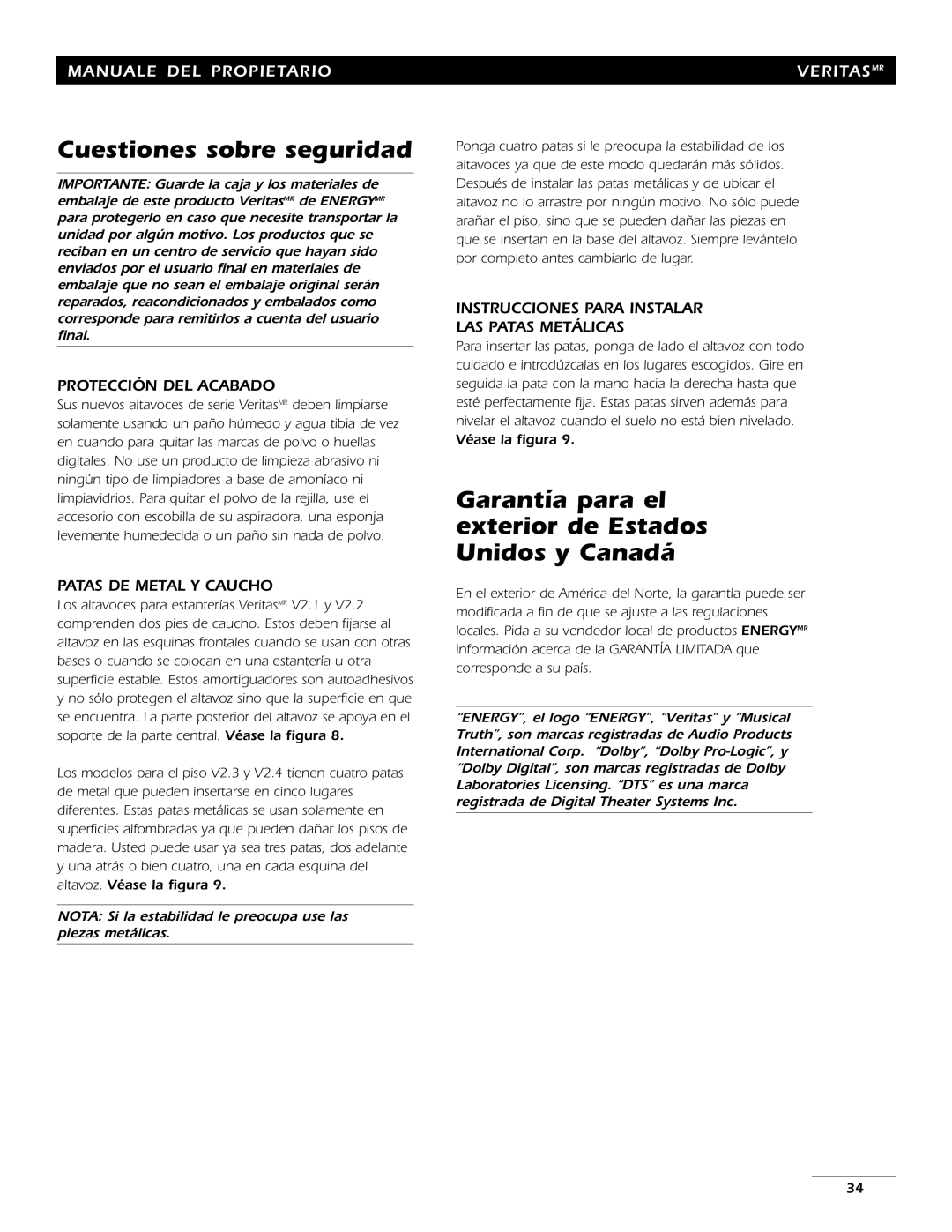 Energy Speaker Systems 7AI manual Cuestiones sobre seguridad, Protección Del Acabado, Patas De Metal Y Caucho, Veritasmr 