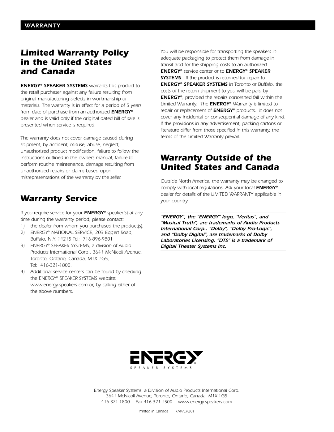 Energy Speaker Systems 7AI manual Limited Warranty Policy in the United States, and Canada, Warranty Service 