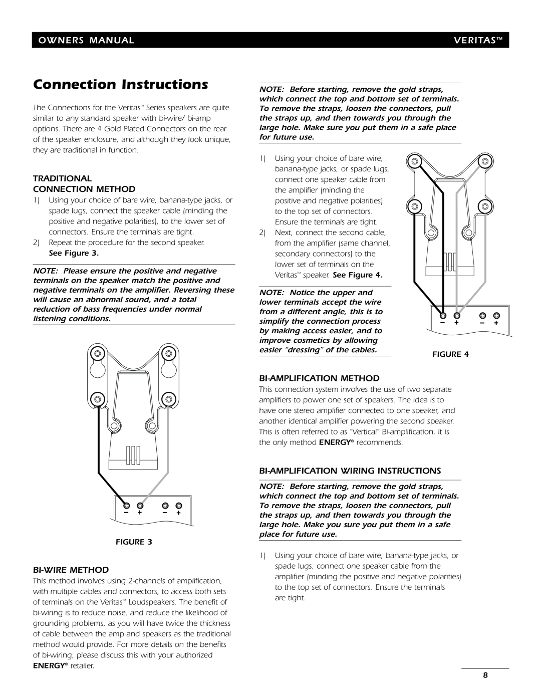 Energy Speaker Systems 7AI Connection Instructions, Traditional Connection Method, Bi-Wiremethod, Bi-Amplificationmethod 