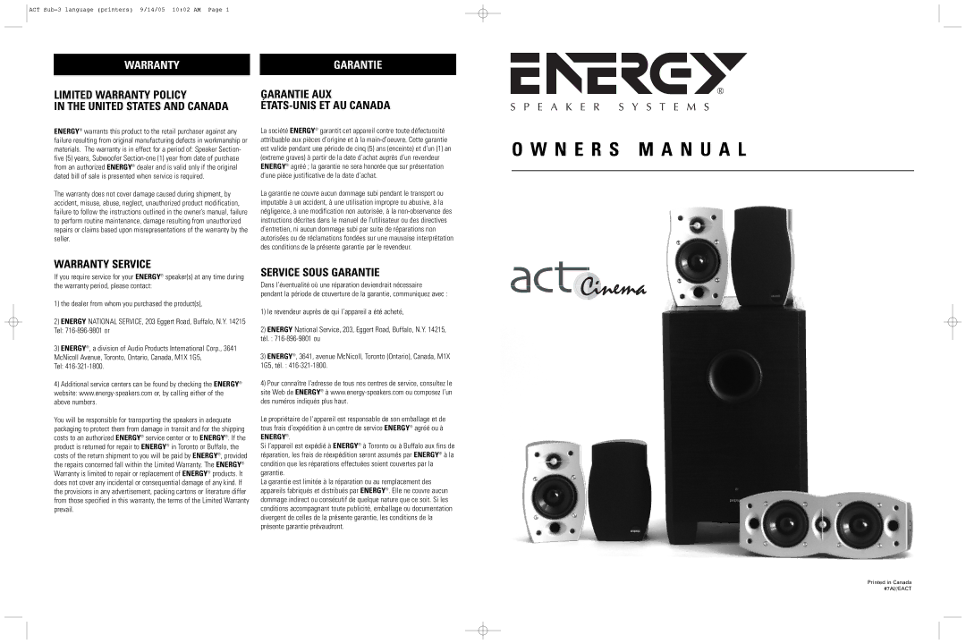 Energy Speaker Systems act Cinema owner manual Garantie, Limited Warranty Policy United States and Canada 