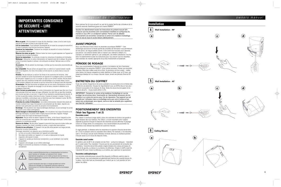 Energy Speaker Systems act Cinema Importantes Consignes DE Sécurité Lire Attentivement, Installation, Avant-Propos 