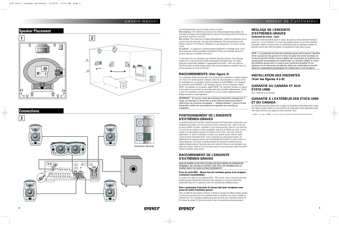 Energy Speaker Systems act Cinema owner manual Speaker Placement 