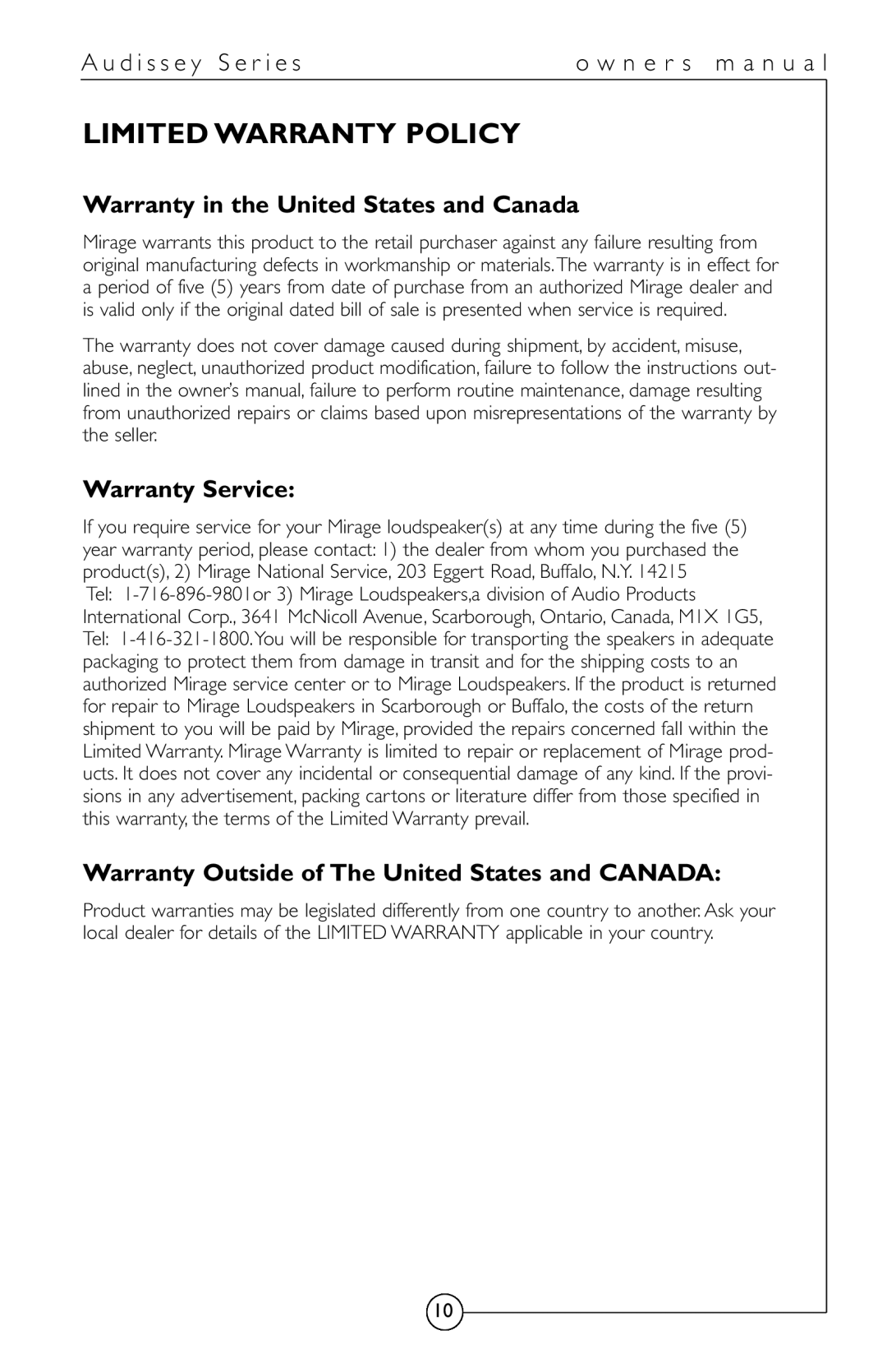 Energy Speaker Systems Audissey Series Limited Warranty Policy, Warranty in the United States and Canada, Warranty Service 