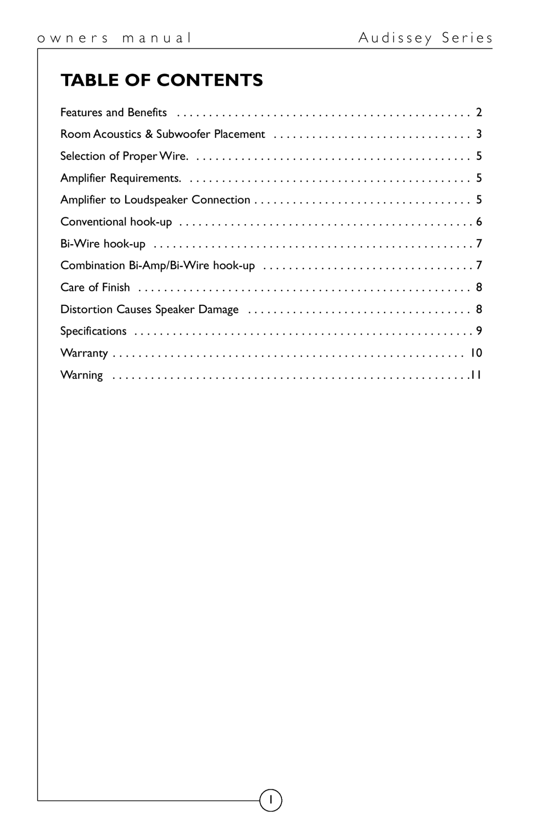 Energy Speaker Systems Audissey Series owner manual Table of Contents 