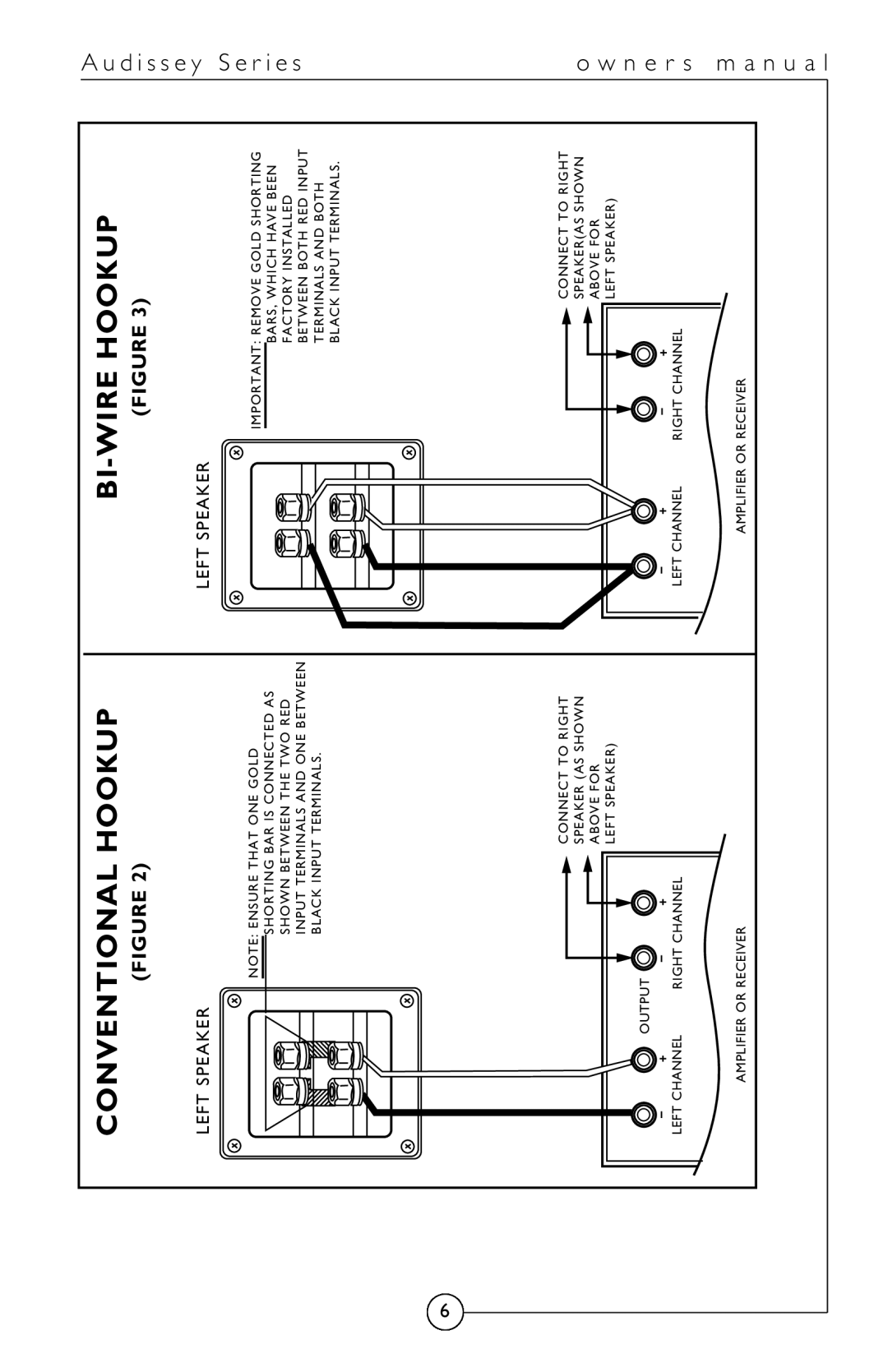 Energy Speaker Systems Audissey Series owner manual Conventional Hookup BI-WIRE Hookup, Left Speaker 