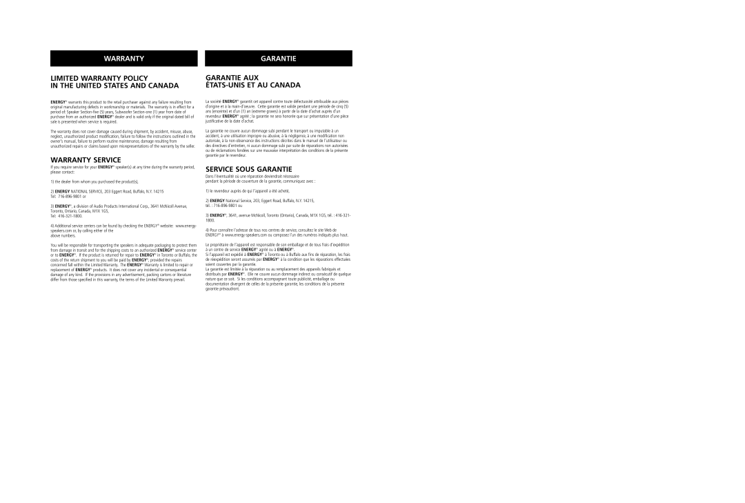 Energy Speaker Systems EAS-6C Limited Warranty Policy United States and Canada, Warranty Service, Service Sous Garantie 