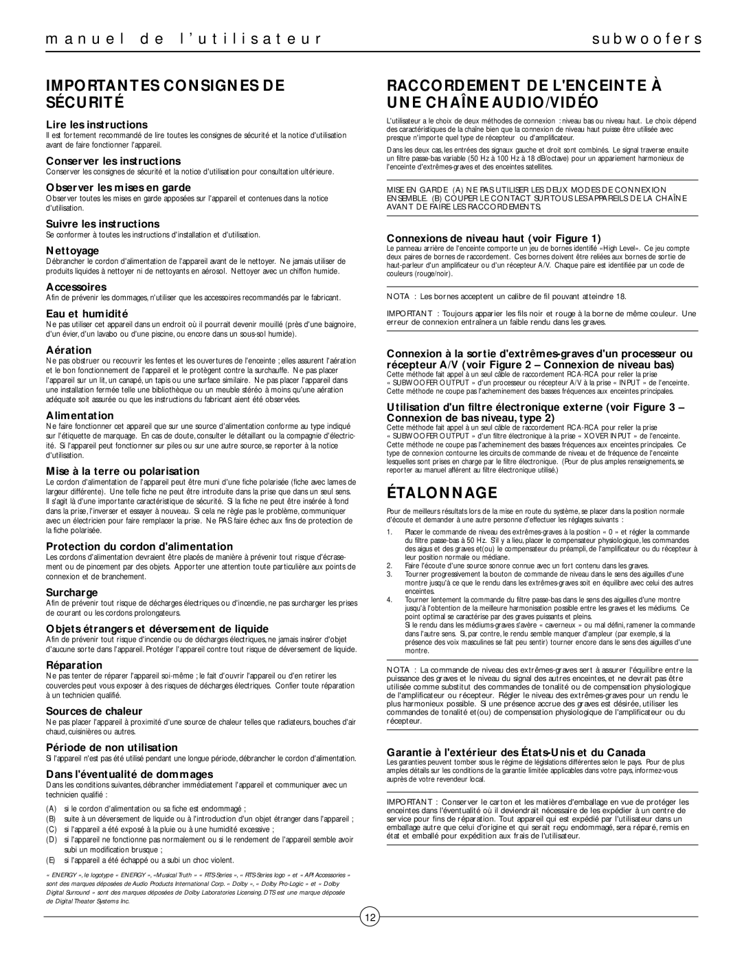 Energy Speaker Systems e:XL-S12 manual N u e l d e l ’ u t i l i s a t e u r, Importantes Consignes DE Sécurité, Étalonnage 