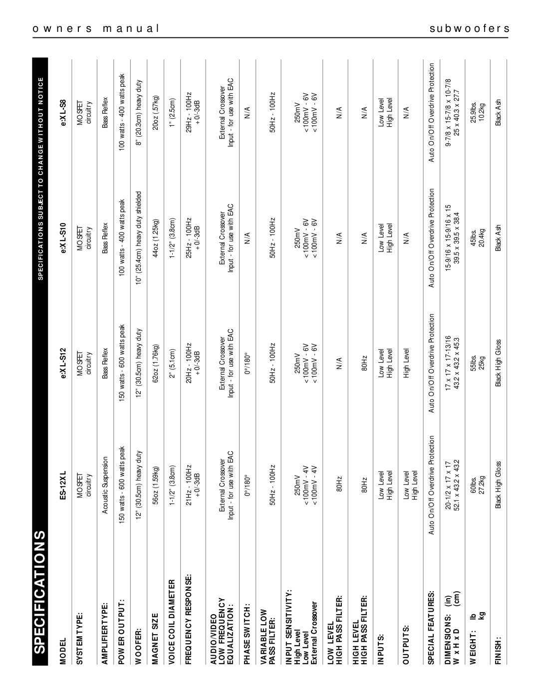 Energy Speaker Systems e:XL-S10, e:XL-S12, e:XL-S8, ES-12XL manual Specifications, N e r s m a n u a l B w o o f e r s 