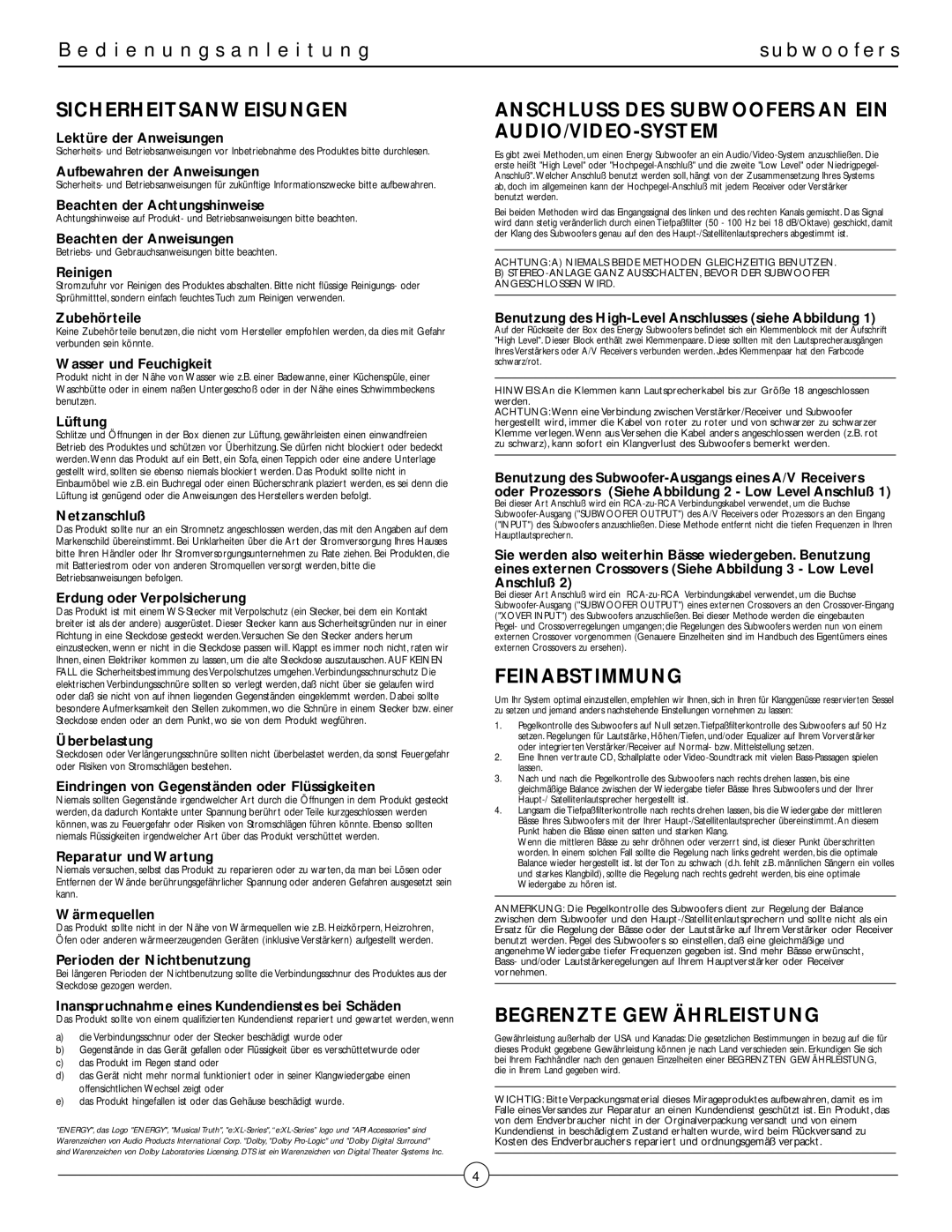 Energy Speaker Systems e:XL-S12, e:XL-S10 manual D i e n u n g s a n l e i t u n g, Sicherheitsanweisungen, Feinabstimmung 