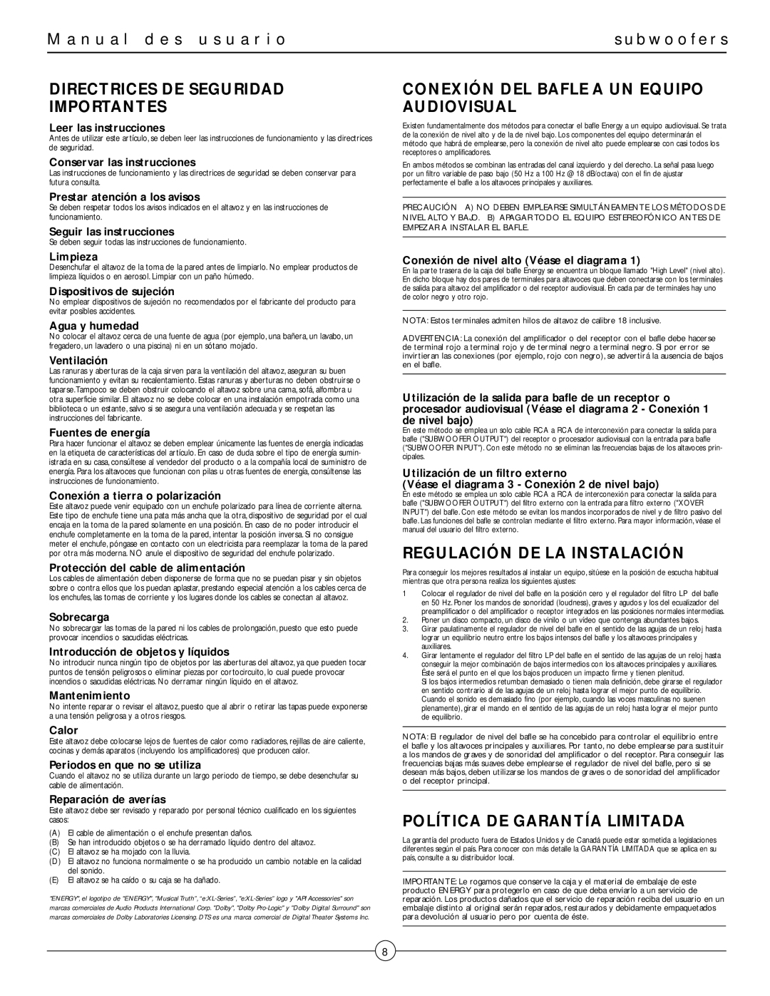 Energy Speaker Systems e:XL-S12, e:XL-S10, e:XL-S8 manual N u a l d e s u s u a r i o, Directrices DE Seguridad Importantes 