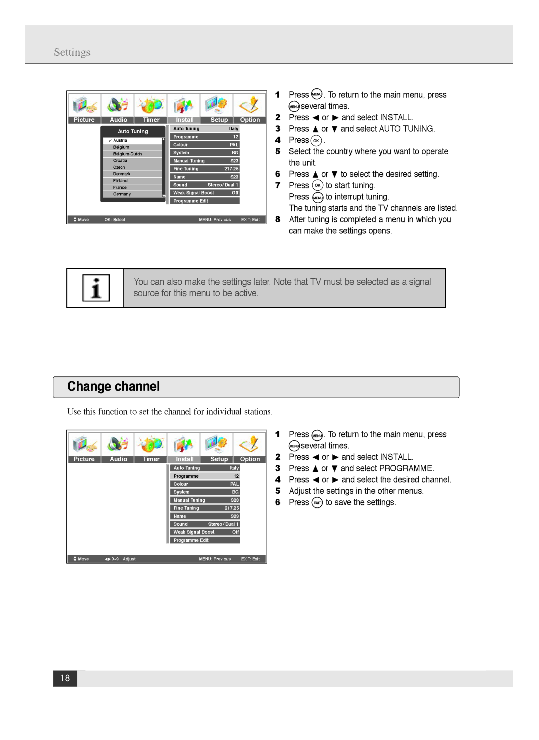 Energy Speaker Systems LTV46DA manual Change channel, Use this function to set the channel for individual stations 