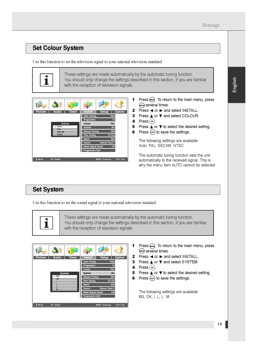 Energy Speaker Systems LTV46DA Set Colour System, Set System, Press . To return to the main menu, press Several times 