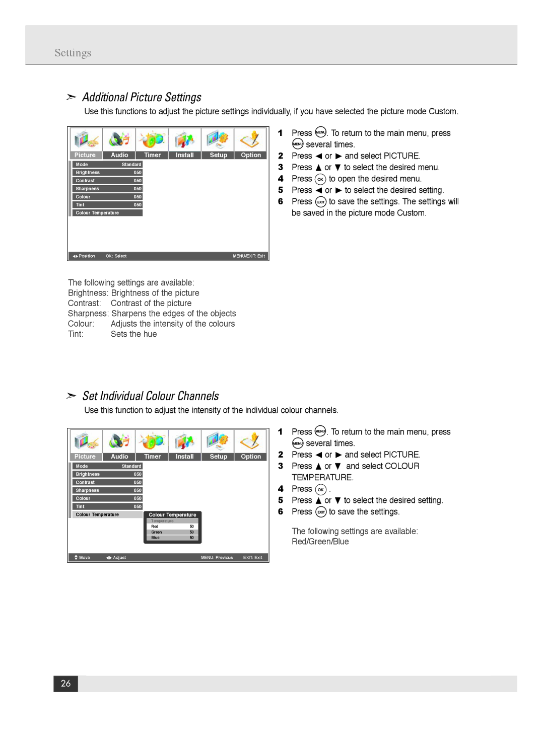 Energy Speaker Systems LTV46DA Additional Picture Settings, Set Individual Colour Channels, Press to open the desired menu 