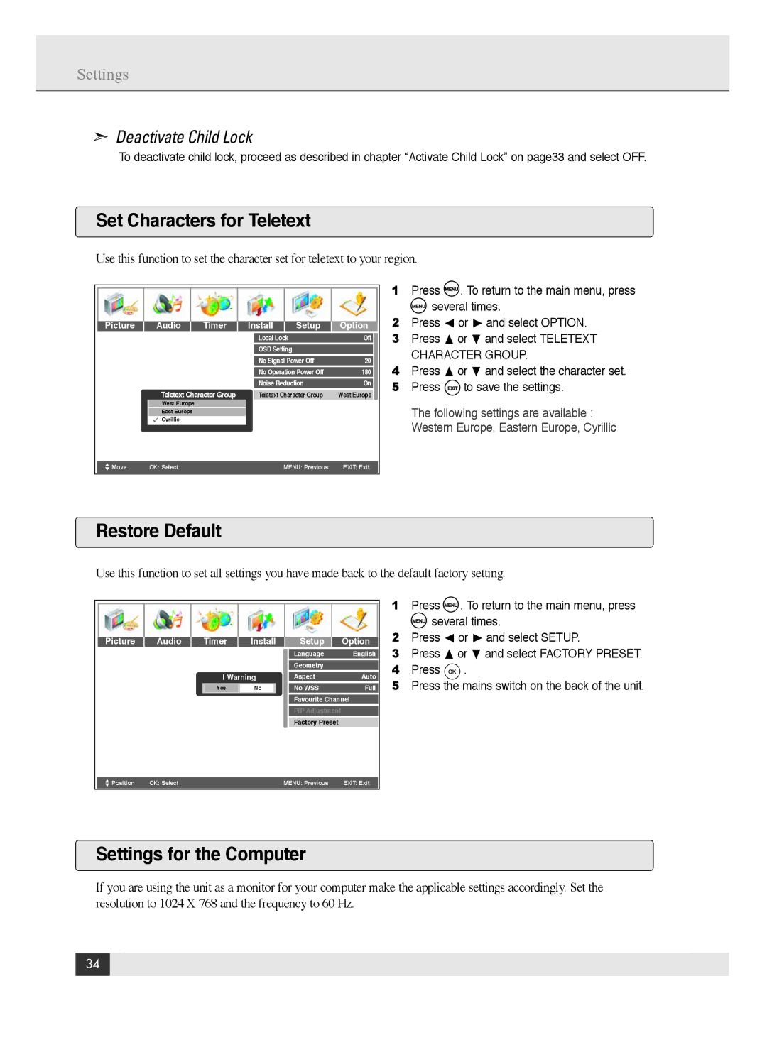 Energy Speaker Systems LTV46DA manual Set Characters for Teletext, Restore Default, Settings for the Computer 