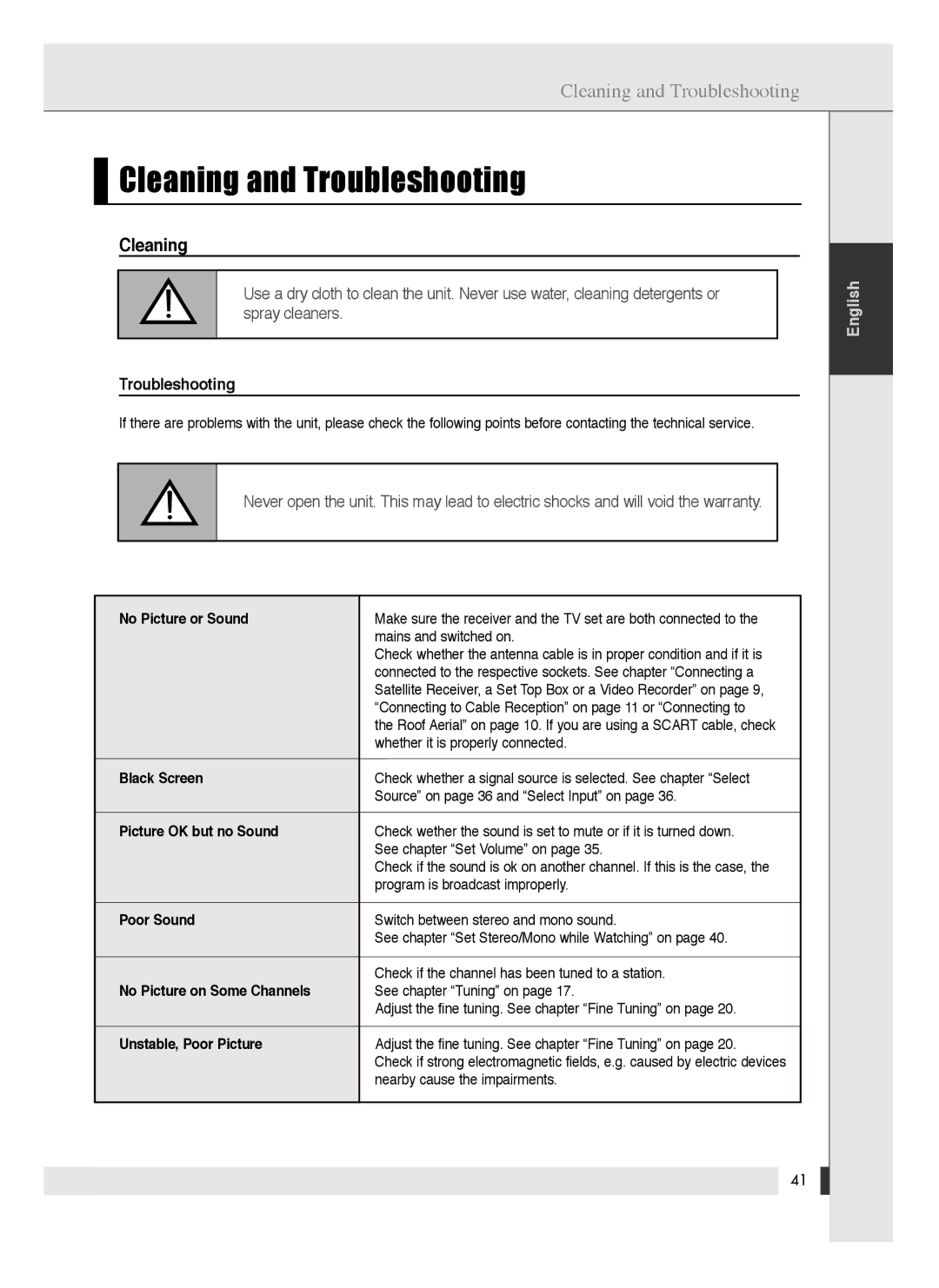 Energy Speaker Systems LTV46DA manual Cleaning and Troubleshooting 