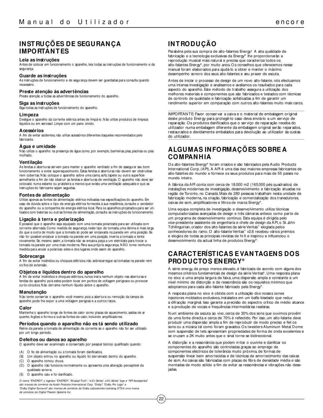 Energy Speaker Systems MUSICAL TRUTHTM N u a l d o U t i l i z a d o r, Instruções DE Segurança Importantes, Introdução 