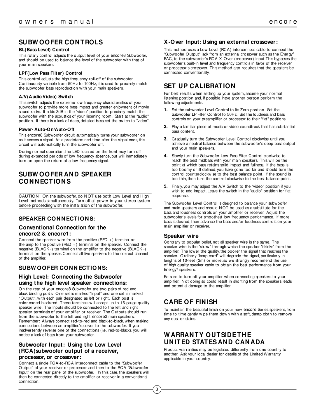 Energy Speaker Systems MUSICAL TRUTHTM Subwoofer Controls, Subwoofer and Speaker Connections, SET UP Calibration 