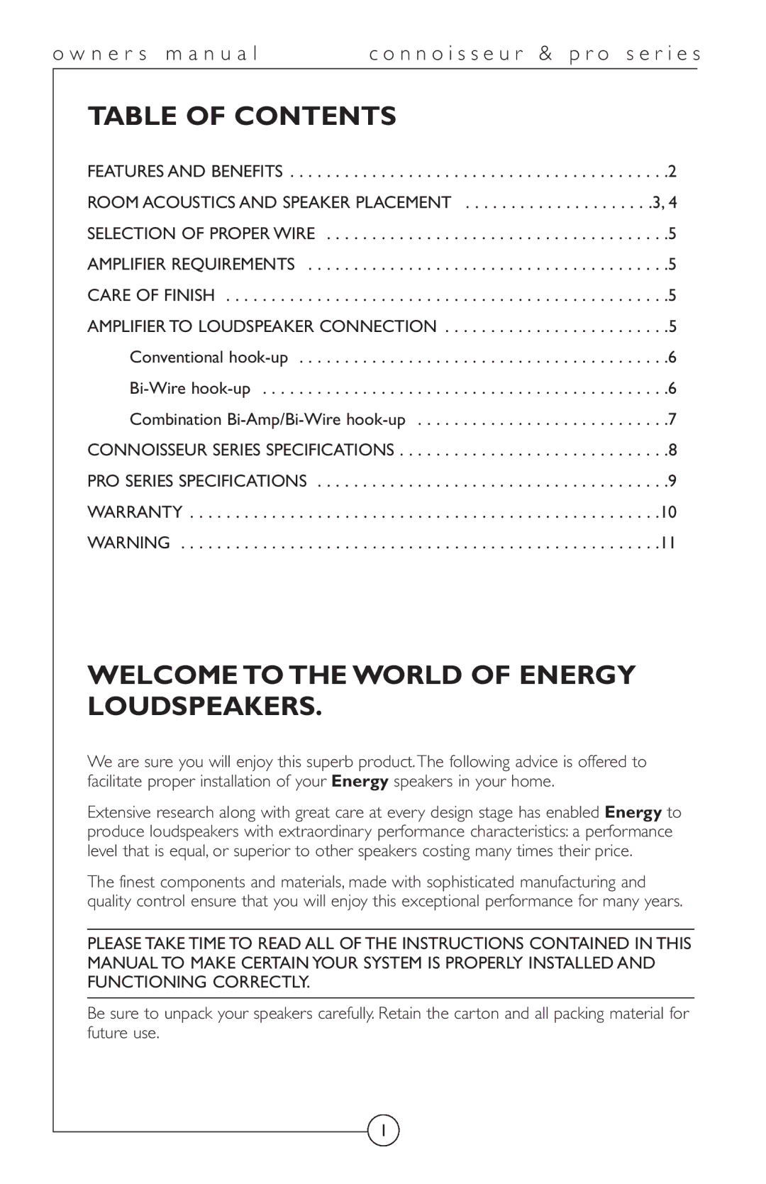 Energy Speaker Systems pro series owner manual Table of Contents, Welcome to the World of Energy Loudspeakers 