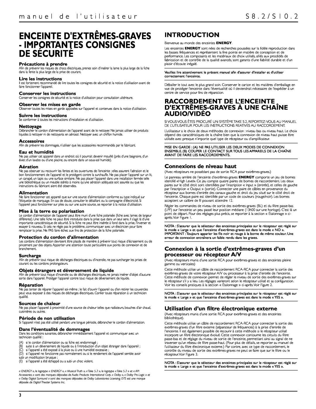 Energy Speaker Systems S10.2 Enceinte Dextrêmes-Graves, Importantes Consignes De Sécurité, S 8 . 2 / S, Introduction 