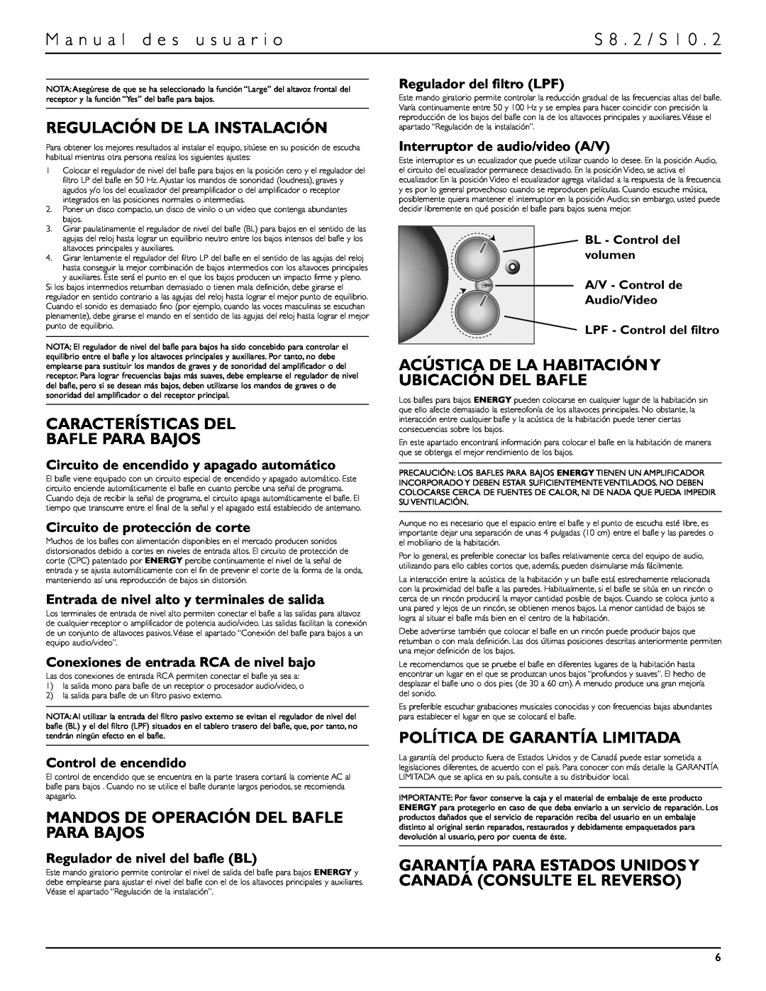 Energy Speaker Systems S10.2 owner manual Regulación De La Instalación, Características Del Bafle Para Bajos, S 8 . 2 / S 