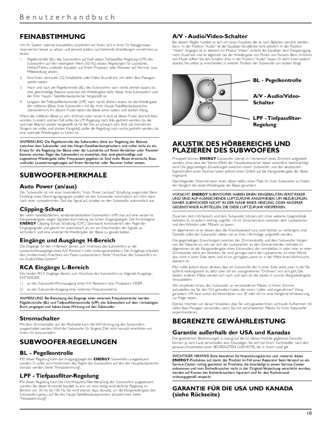 Energy Speaker Systems S8.2 owner manual Feinabstimmung, Subwoofer-Merkmale, Subwoofer-Regelungen, Begrenzte Gewährleistung 