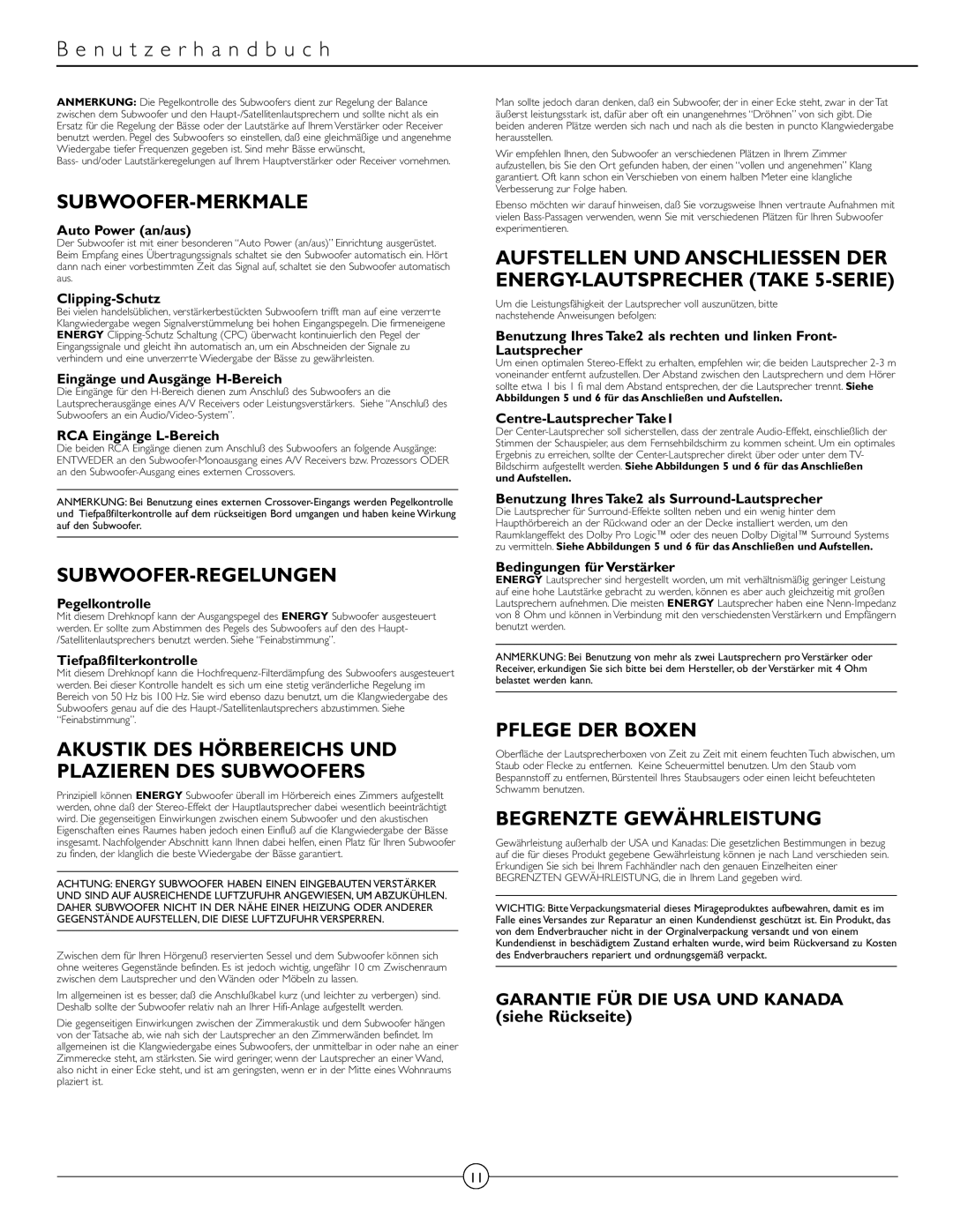 Energy Speaker Systems TAKE 5+1 Subwoofer-Merkmale, Subwoofer-Regelungen, Pflege DER Boxen, Begrenzte Gewährleistung 