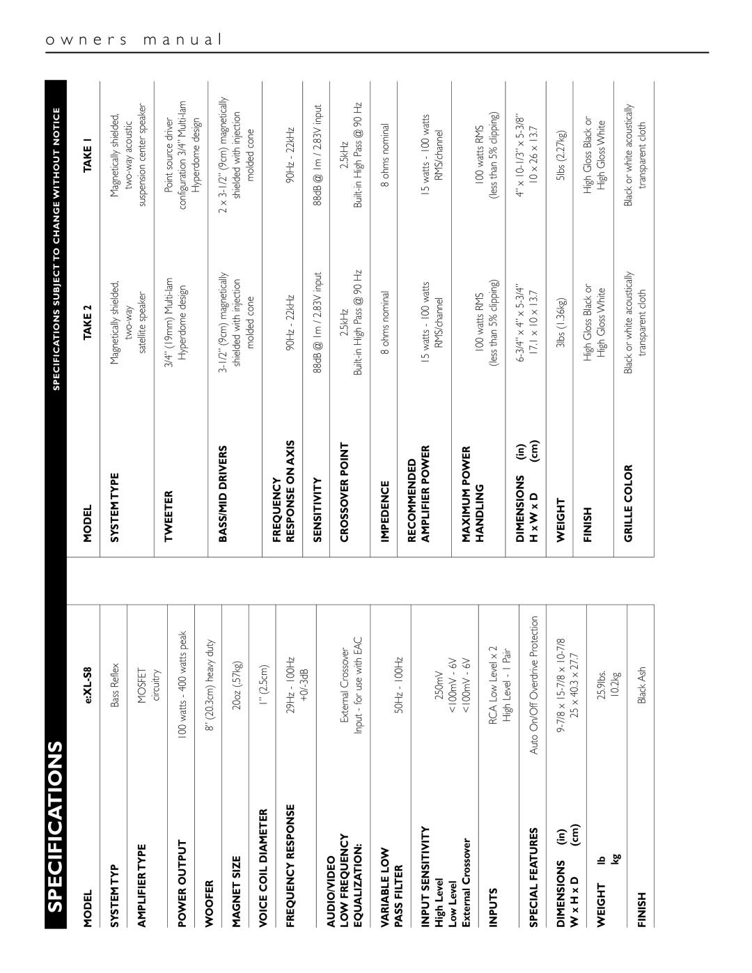 Energy Speaker Systems TAKE 5+1 owner manual Specifications 