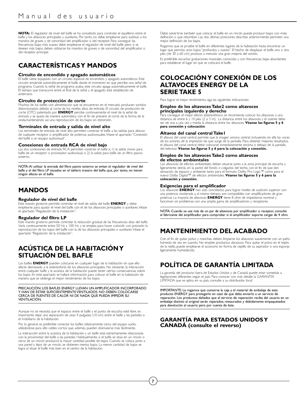 Energy Speaker Systems TAKE 5+1 owner manual Características Y Mandos, Acústica DE LA Habitación Y Situación DEL Bafle 