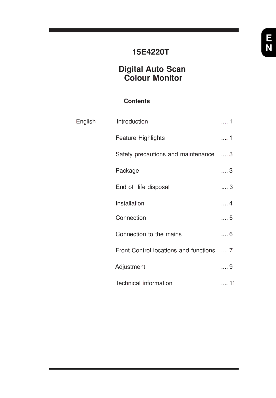 Energy Tech Laboratories 105E manual 15E4220T Digital Auto Scan Colour Monitor, Contents 