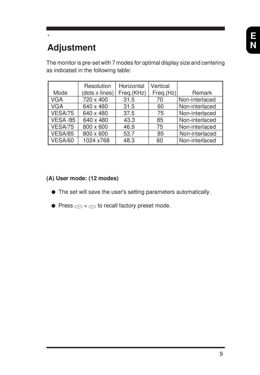 Energy Tech Laboratories 105E manual Adjustment, User mode 12 modes 