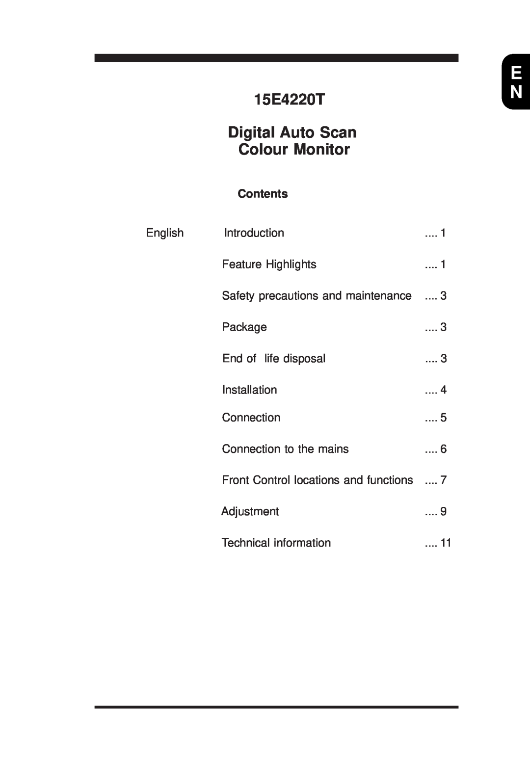 Energy Tech Laboratories 105E manual 15E4220T Digital Auto Scan Colour Monitor, Contents 
