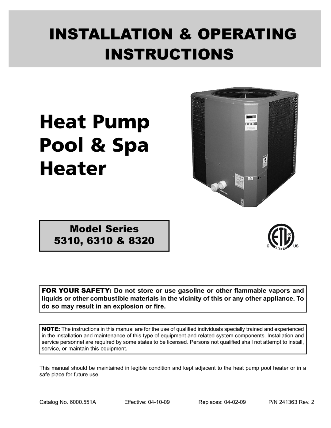 Energy Tech Laboratories 6310, 8320, 5310 operating instructions Heat Pump Pool & Spa Heater 