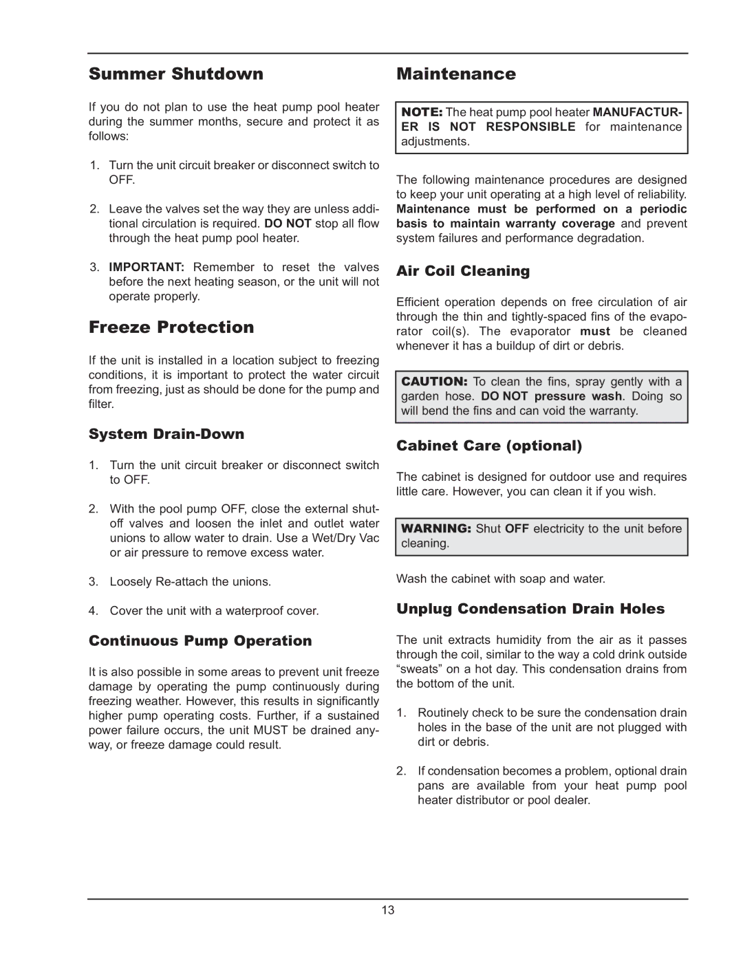 Energy Tech Laboratories 6310, 8320, 5310 operating instructions Summer Shutdown, Freeze Protection, Maintenance 