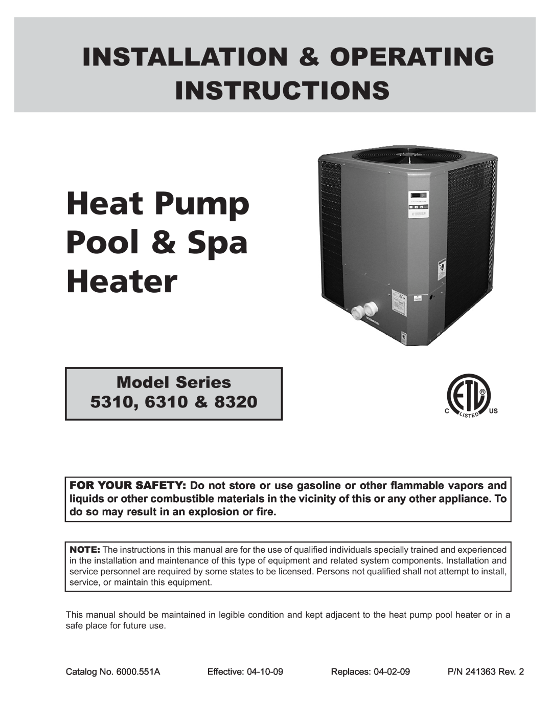 Energy Tech Laboratories 6310 operating instructions Heat Pump Pool & Spa Heater, Installation & Operating Instructions 
