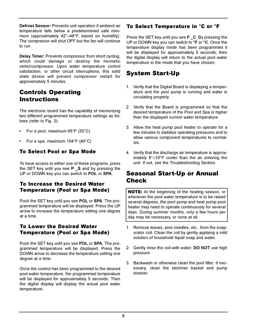 Energy Tech Laboratories 8358, 8357 Controls Operating Instructions, System Start-Up, Seasonal Start-Up or Annual Check 