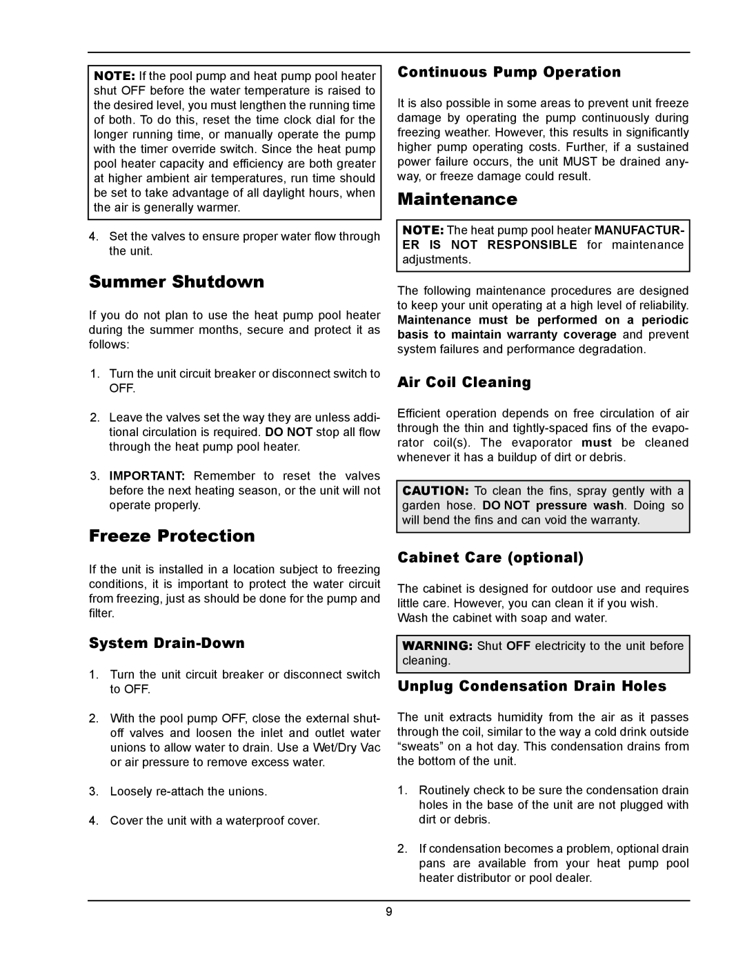 Energy Tech Laboratories 8357, 8358, 6356, 6358, 5358, 6357, 5356, 5357 manual Summer Shutdown, Freeze Protection, Maintenance 