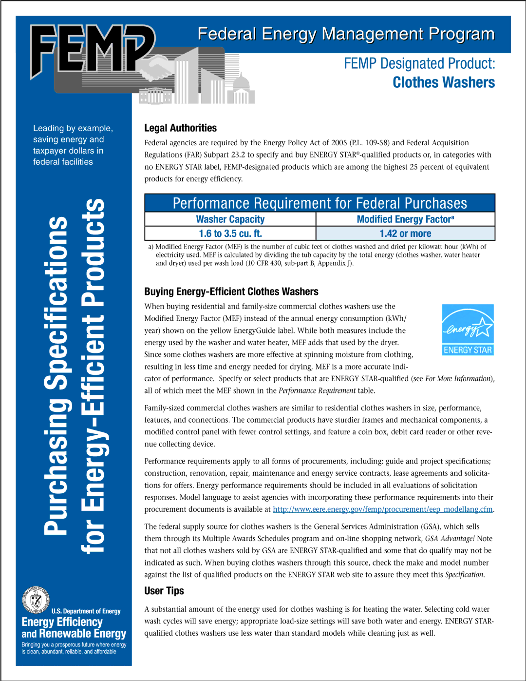 Energy Tech Laboratories Clothes Washer specifications Performance Requirement for Federal Purchases, Legal Authorities 