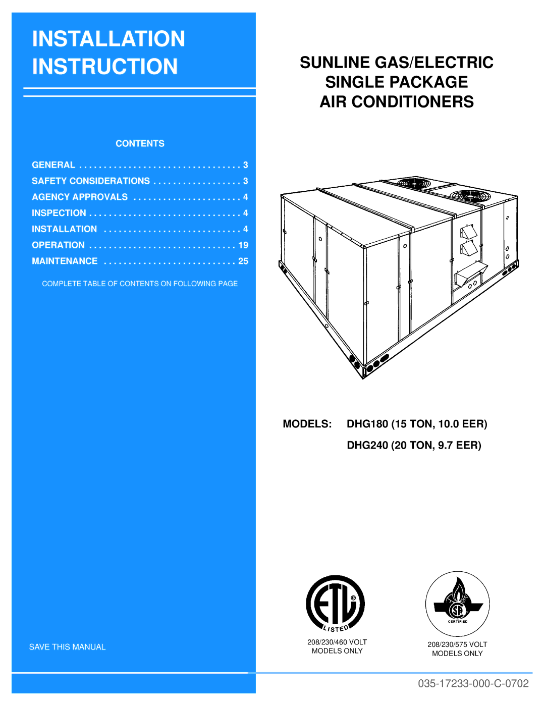 Energy Tech Laboratories DHG180, DHG240 installation instructions Installation Instruction 