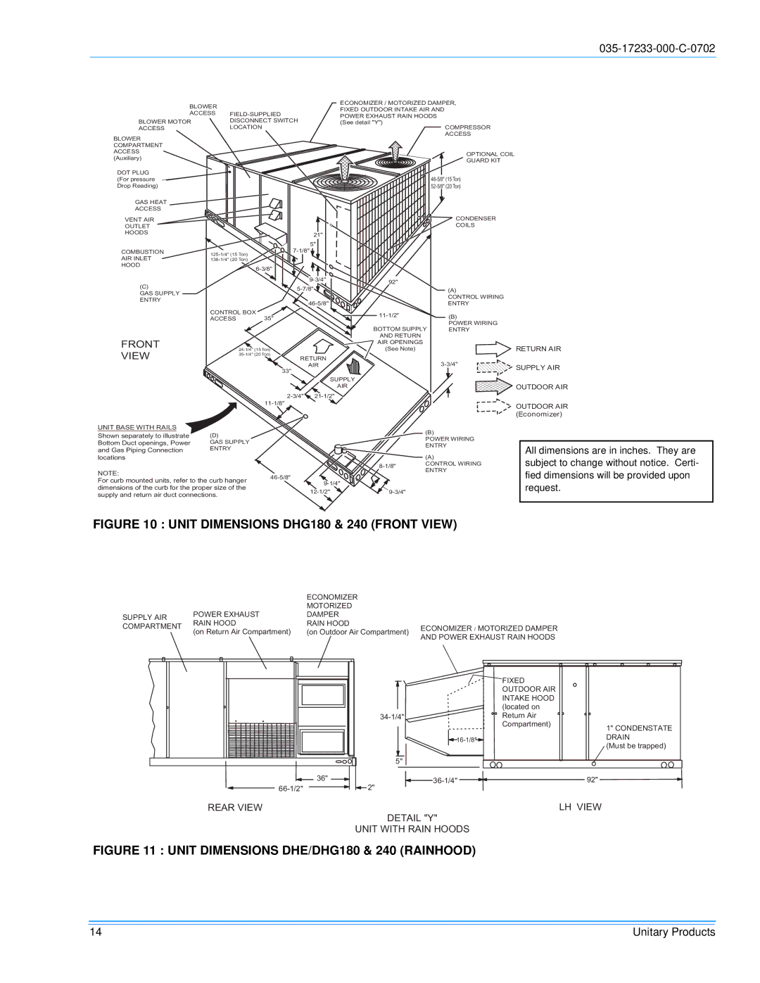 Energy Tech Laboratories DHG240 installation instructions Unit Dimensions DHG180 & 240 Front View 