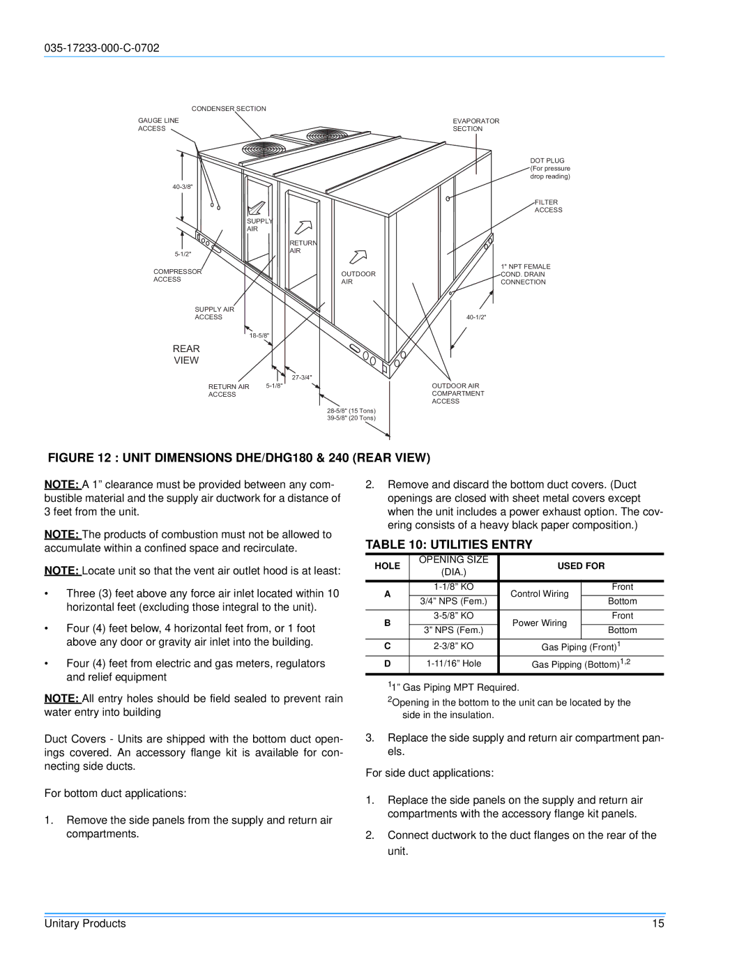 Energy Tech Laboratories DHG240 installation instructions Unit Dimensions DHE/DHG180 & 240 Rear View, Utilities Entry 