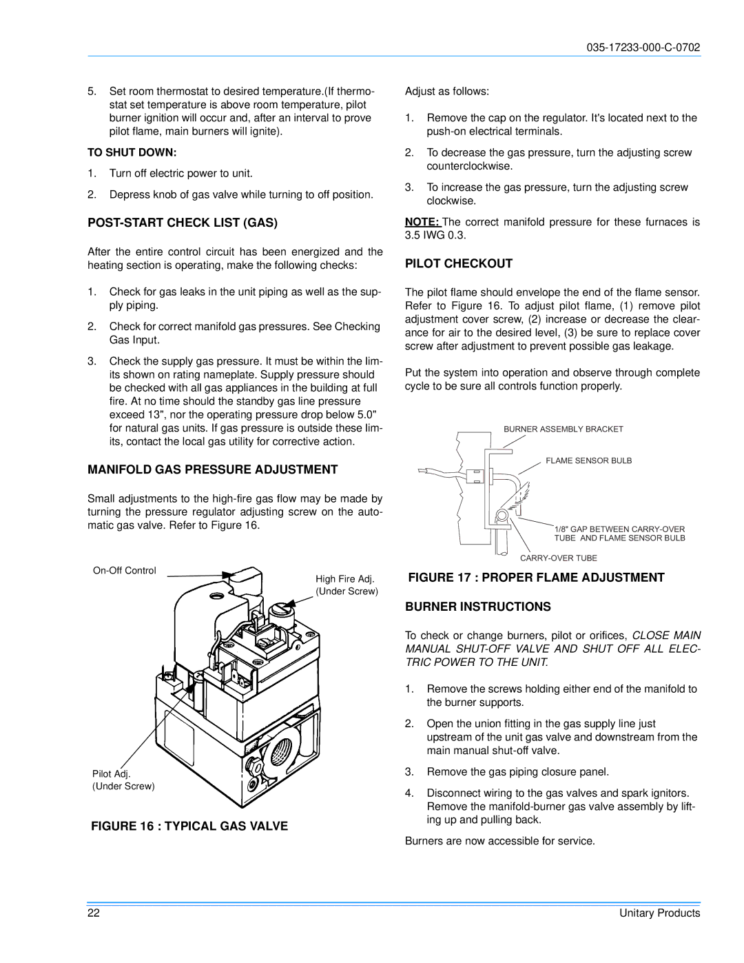 Energy Tech Laboratories DHG240 POST-START Check List GAS, Manifold GAS Pressure Adjustment, Pilot Checkout, To Shut Down 