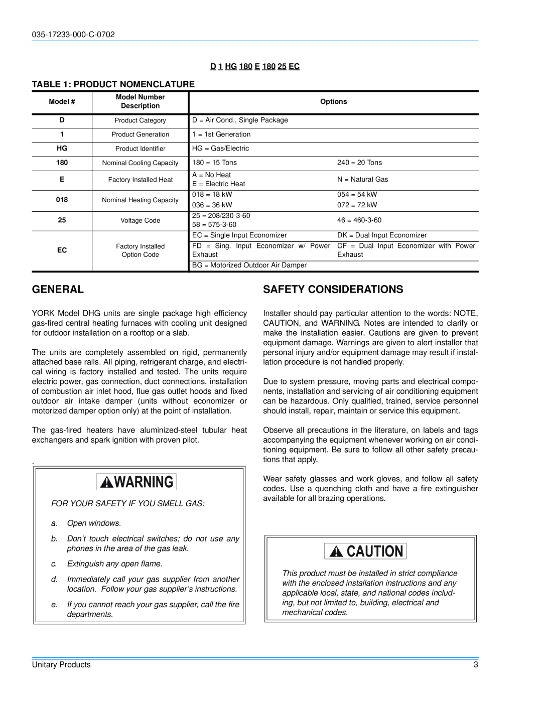 Energy Tech Laboratories DHG180, DHG240 installation instructions General Safety Considerations, Product Nomenclature 