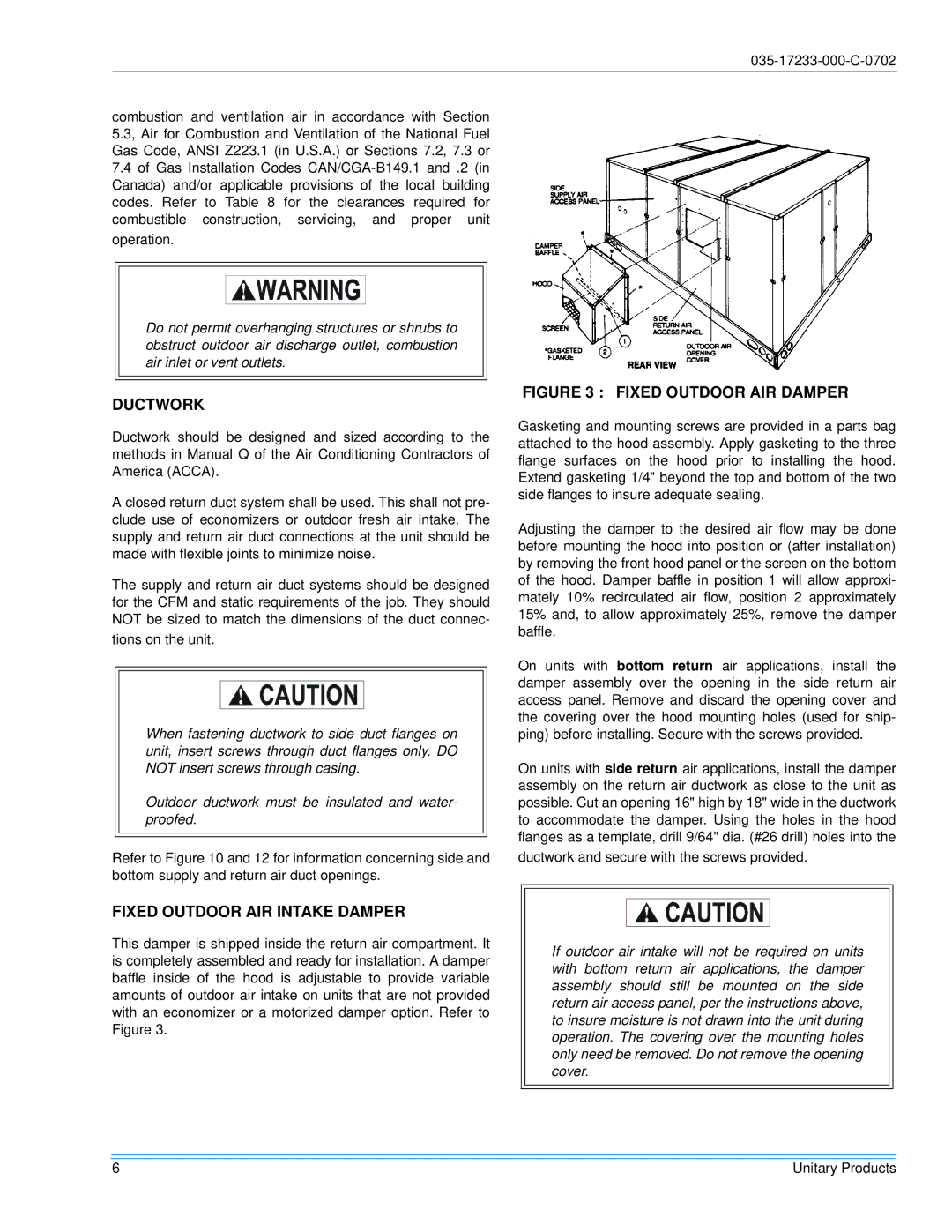 Energy Tech Laboratories DHG240, DHG180 installation instructions Ductwork, Fixed Outdoor AIR Intake Damper 